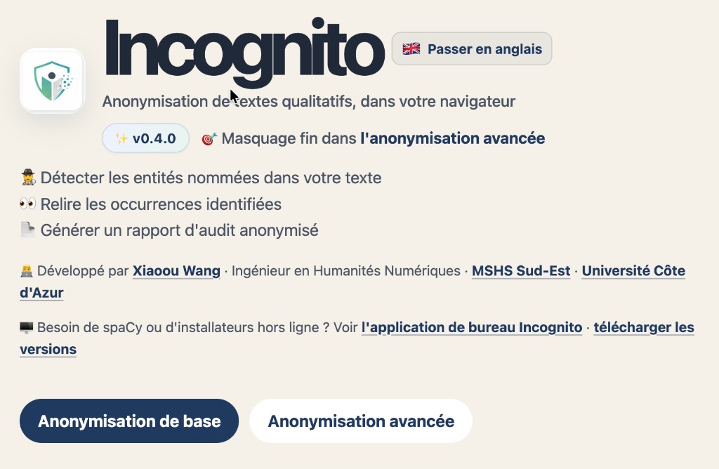 Capture d'écran de l'outil Incognito